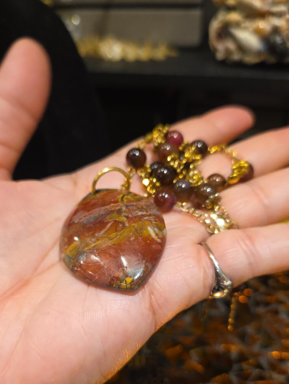 Gold-Tone Necklace with Red and Orange Jasper Pendant - Picture 9 of 9